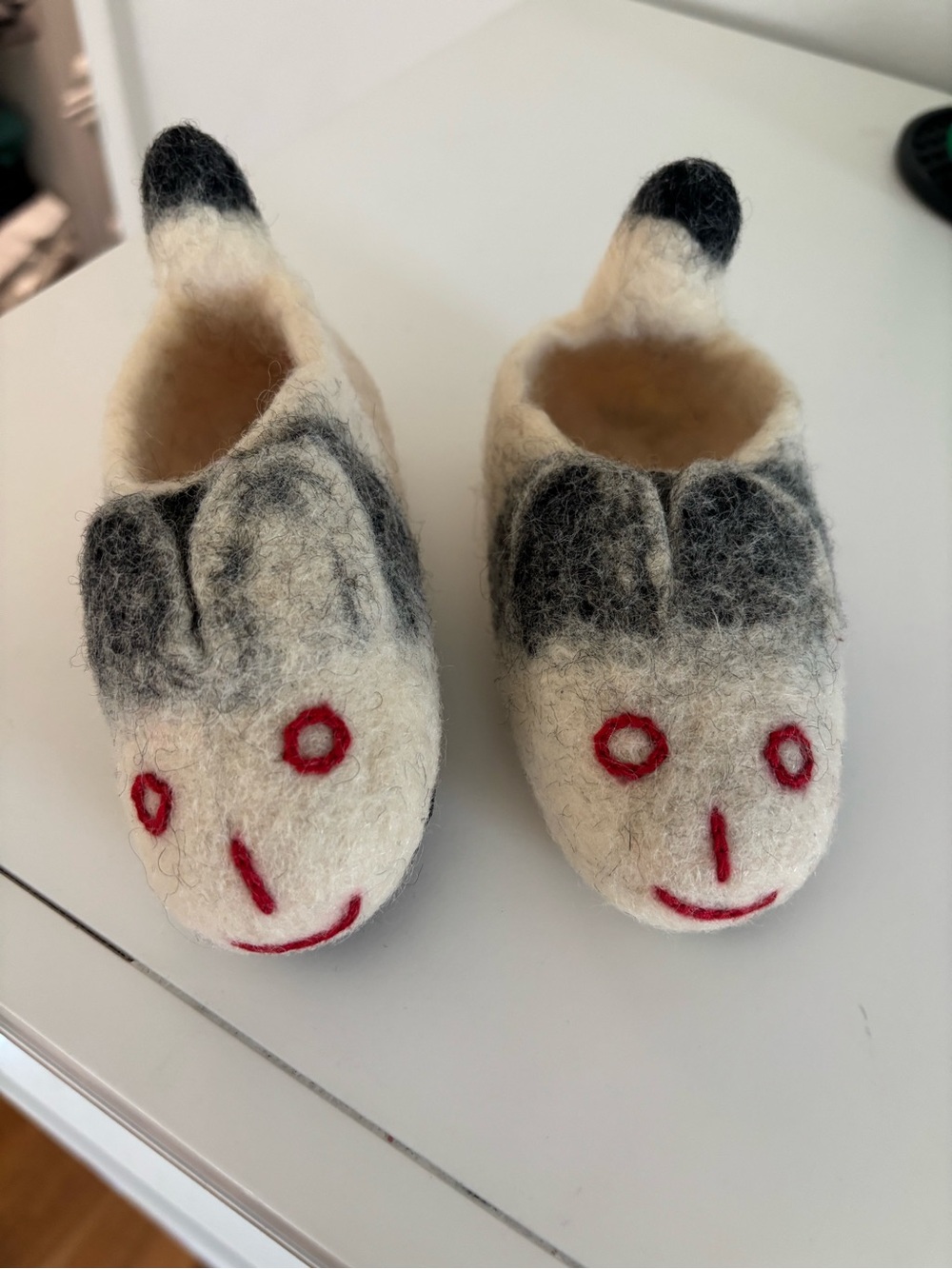 Handmade Felt Wool Baby Slippers - Cream with Gray & Red Face